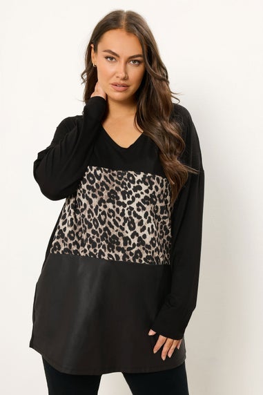 Yours Curve Black Faux Leather Leopard Block Jumper