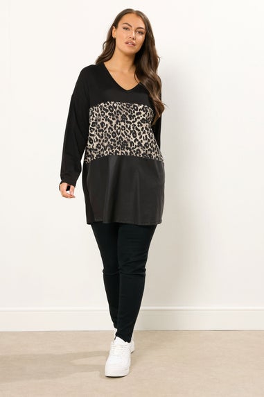 Yours Curve Black Faux Leather Leopard Block Jumper