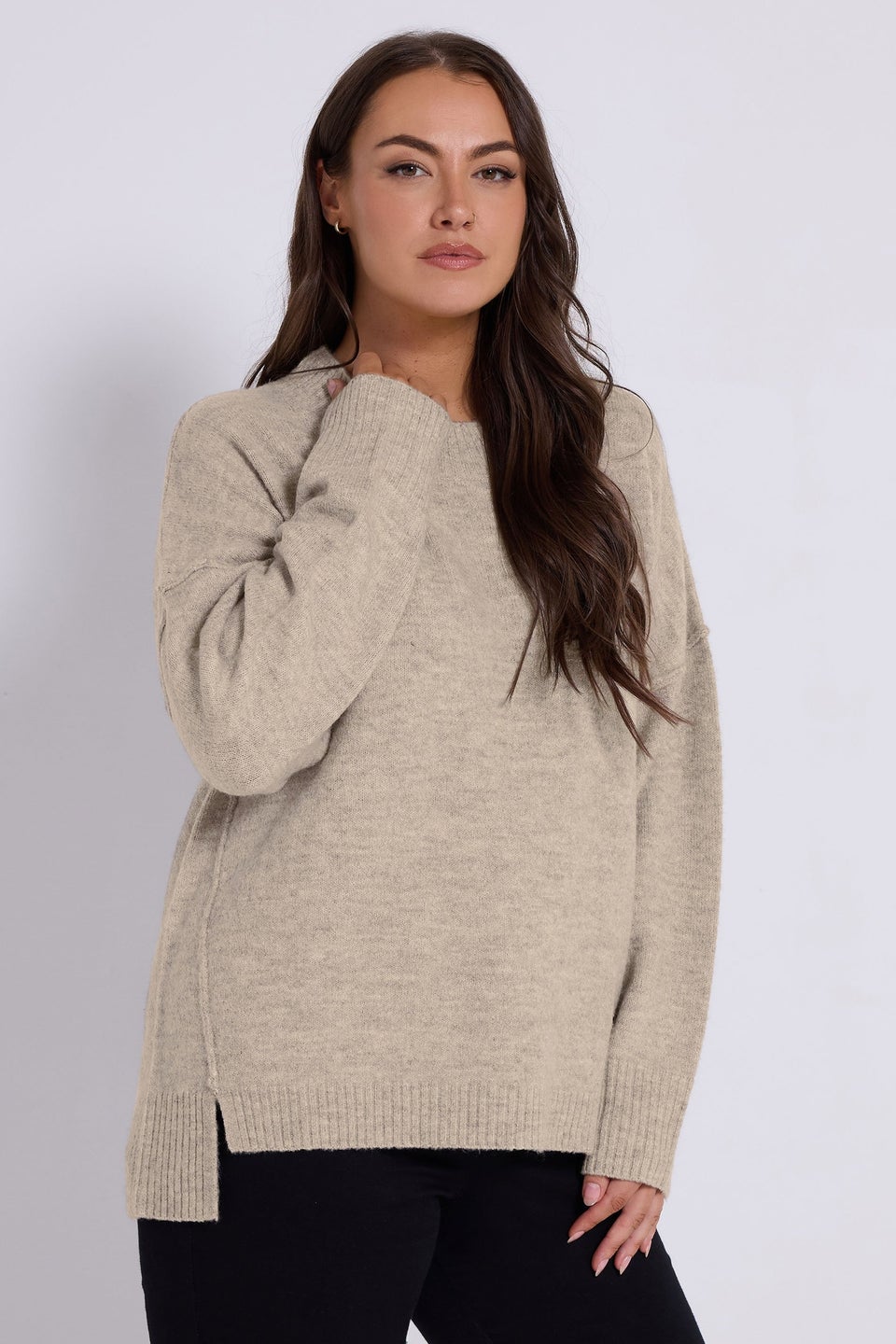 Yours Beige Brown Drop Shoulder Seam Detail Jumper