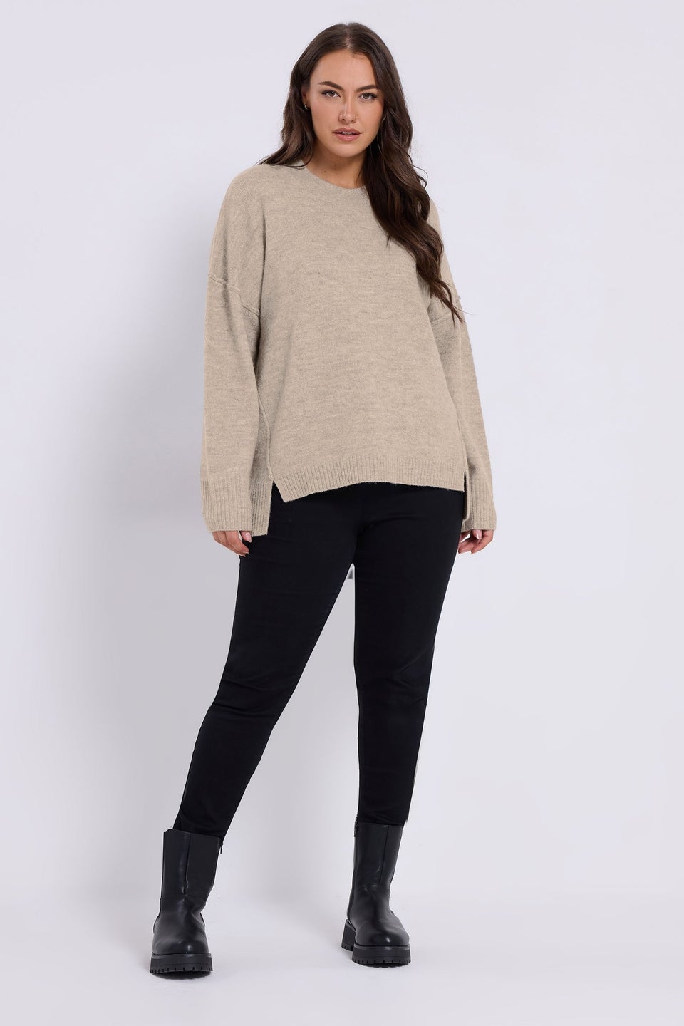 Yours Beige Brown Drop Shoulder Seam Detail Jumper