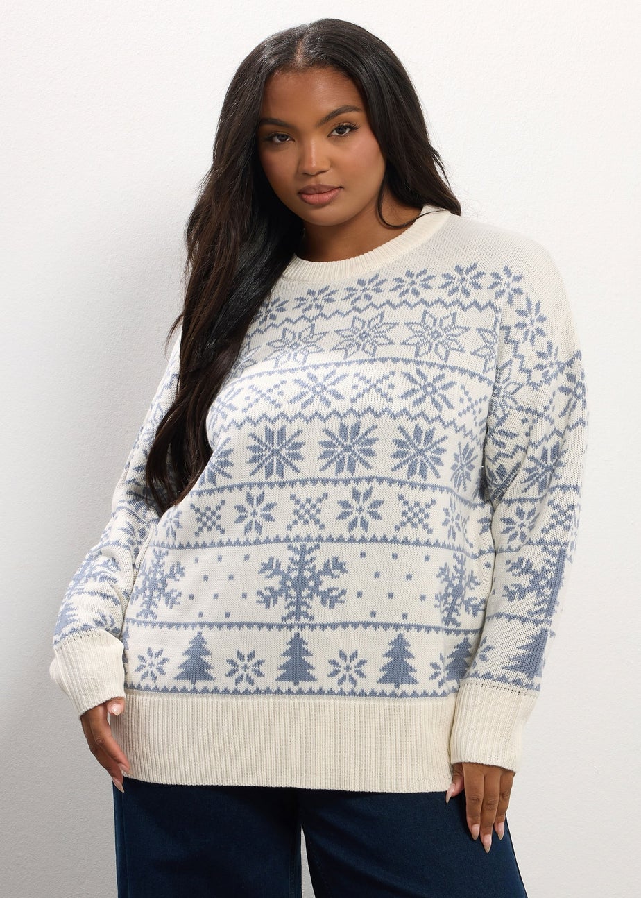 Yours Curve White Snowflake Fairisle Knitted Jumper