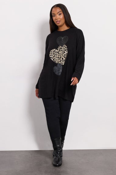Yours Black Animal Print Heart Soft Touch Jumper