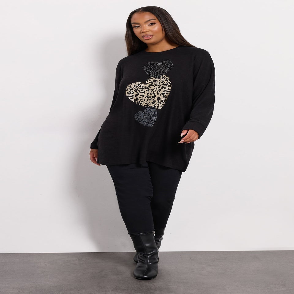Yours Black Animal Print Heart Soft Touch Jumper
