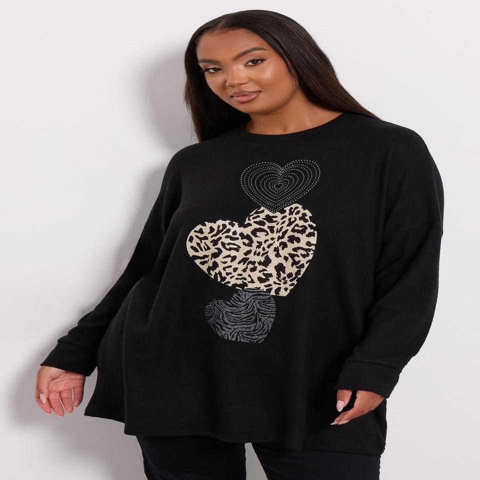 Yours Black Animal Print Heart Soft Touch Jumper