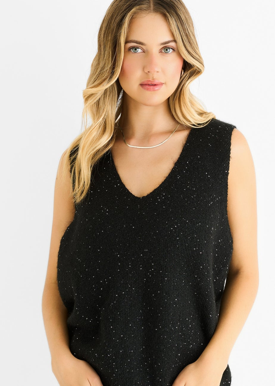 Gini London Black Sequin Sparkle V Neck Vest Knit Jumper