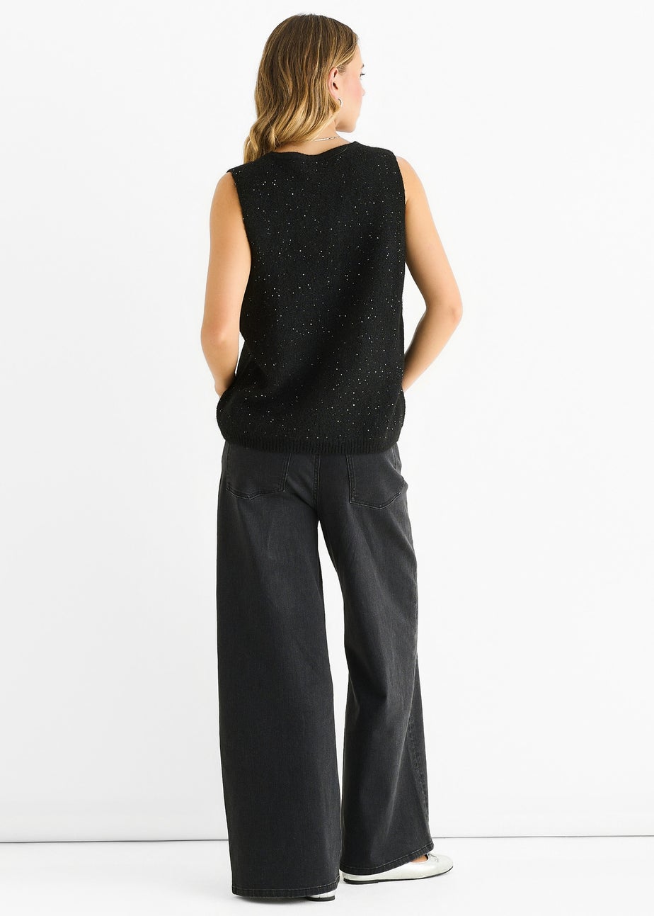 Gini London Black Sequin Sparkle V Neck Vest Knit Jumper