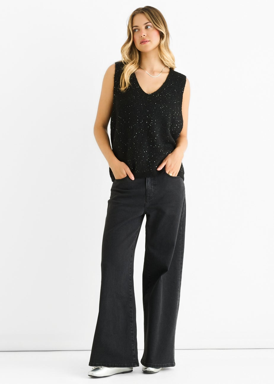 Gini London Black Sequin Sparkle V Neck Vest Knit Jumper