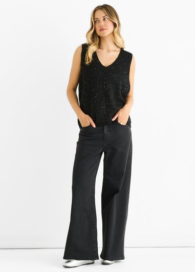 Gini London Black Sequin Sparkle V Neck Vest Knit Jumper