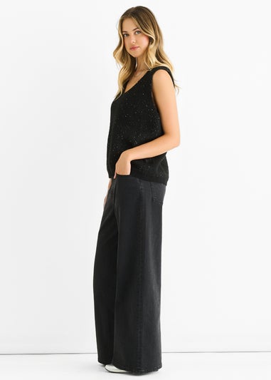 Gini London Black Sequin Sparkle V Neck Vest Knit Jumper