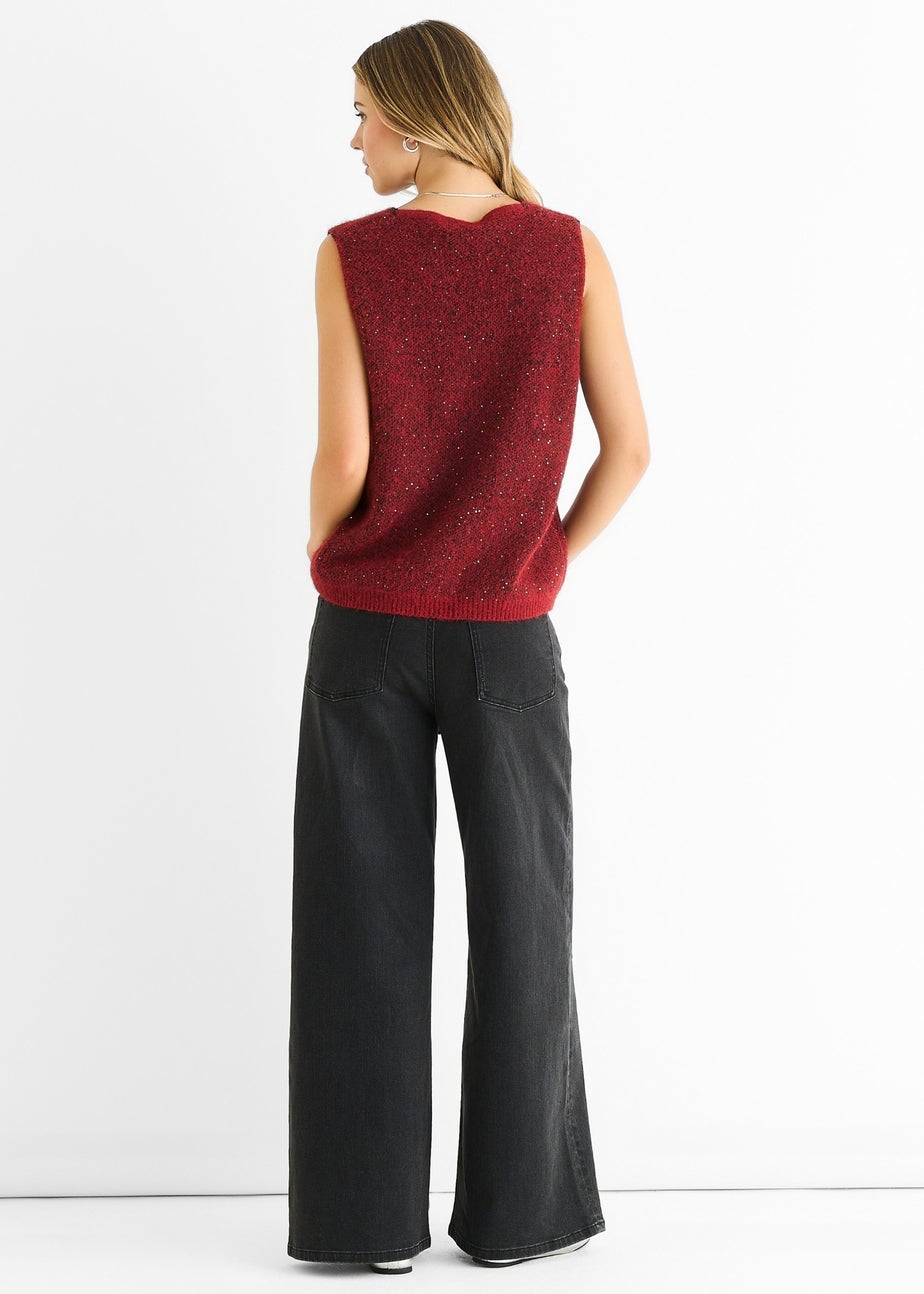 Gini London Red Sequin Sparkle V Neck Vest Knit Jumper