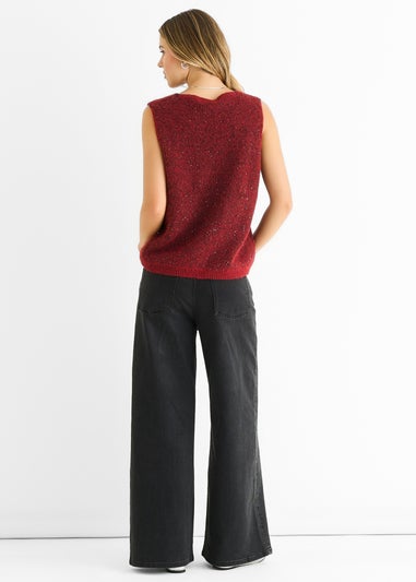 Gini London Red Sequin Sparkle V Neck Vest Knit Jumper