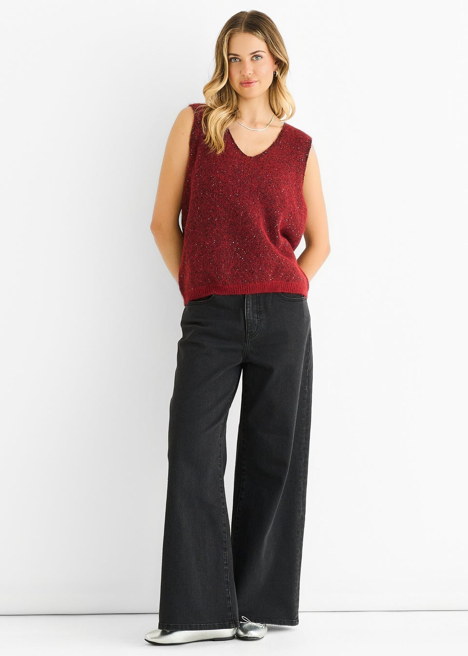 Gini London Red Sequin Sparkle V Neck Vest Knit Jumper