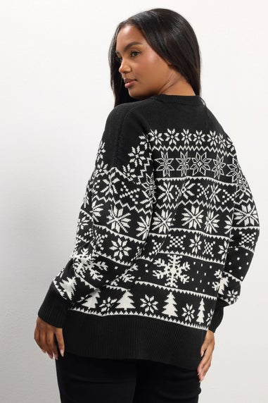 Yours Curve Black & White Snowflake Fairisle Knitted Jumper