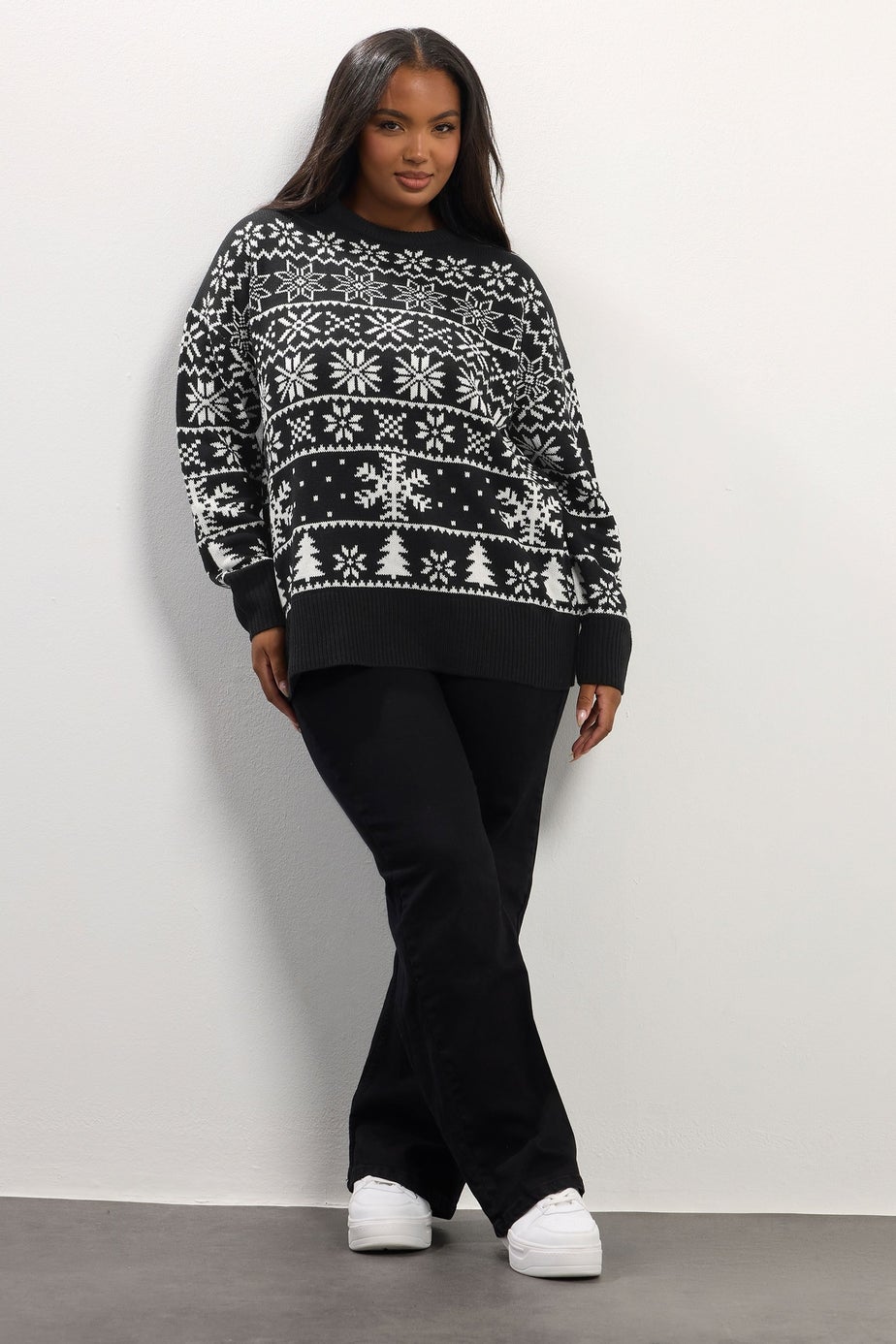 Yours Curve Black & White Snowflake Fairisle Knitted Jumper