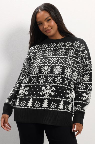 Yours Curve Black & White Snowflake Fairisle Knitted Jumper