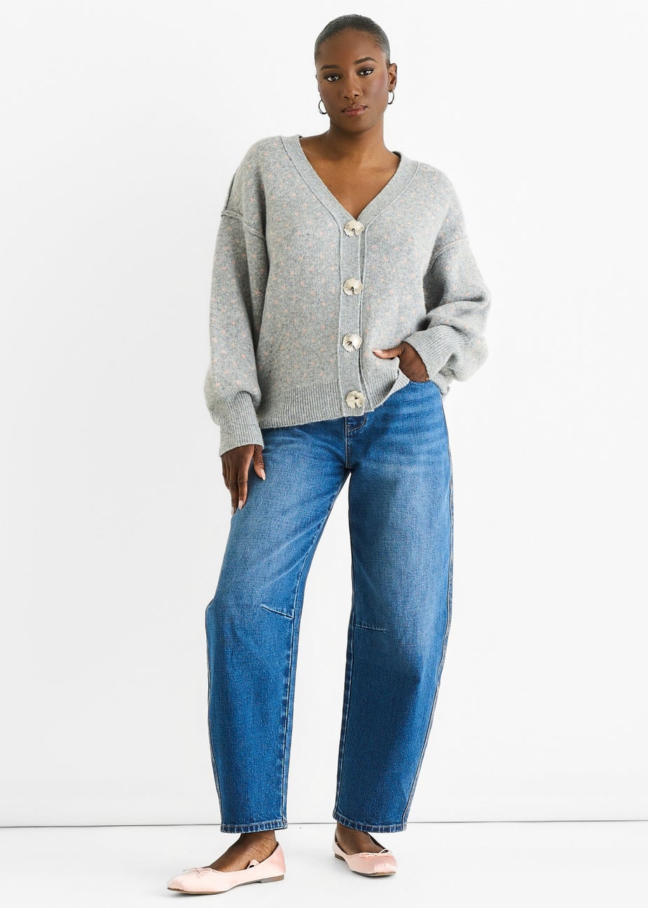 Gini London Grey Spot Print Button Cardigan Look Jumper