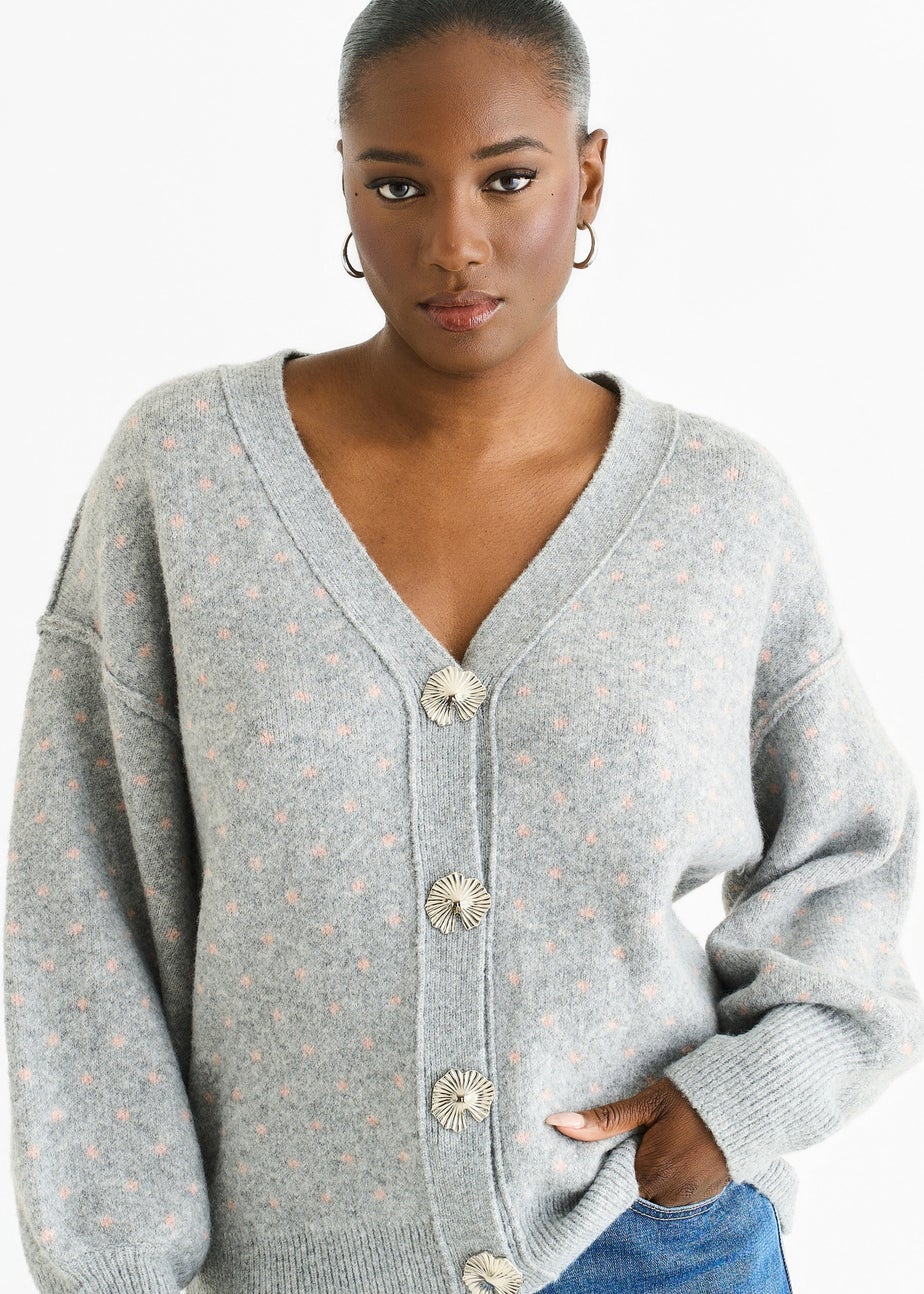 Gini London Grey Spot Print Button Cardigan Look Jumper