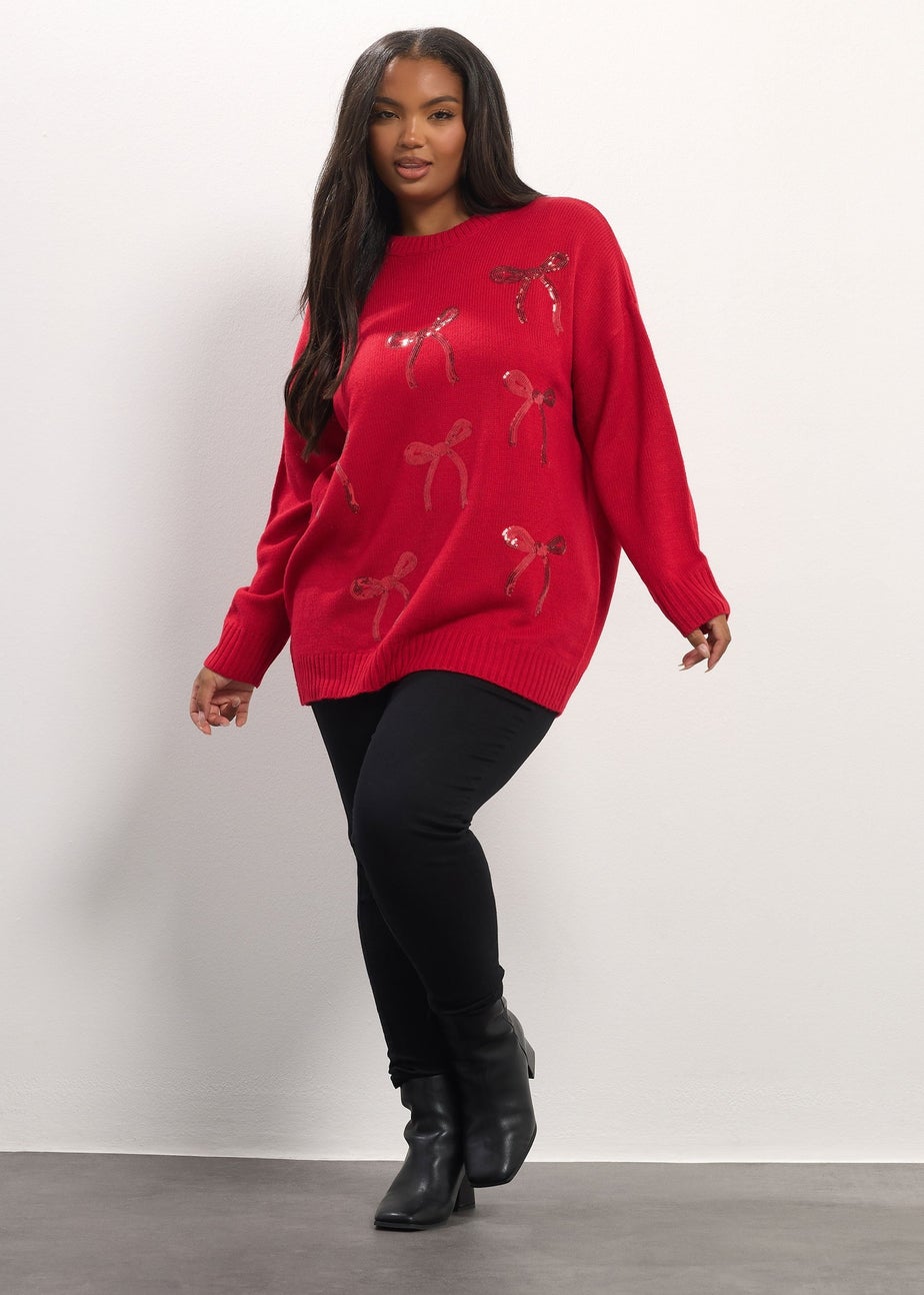 Yours Red Sequin Bow Knitted Jumper