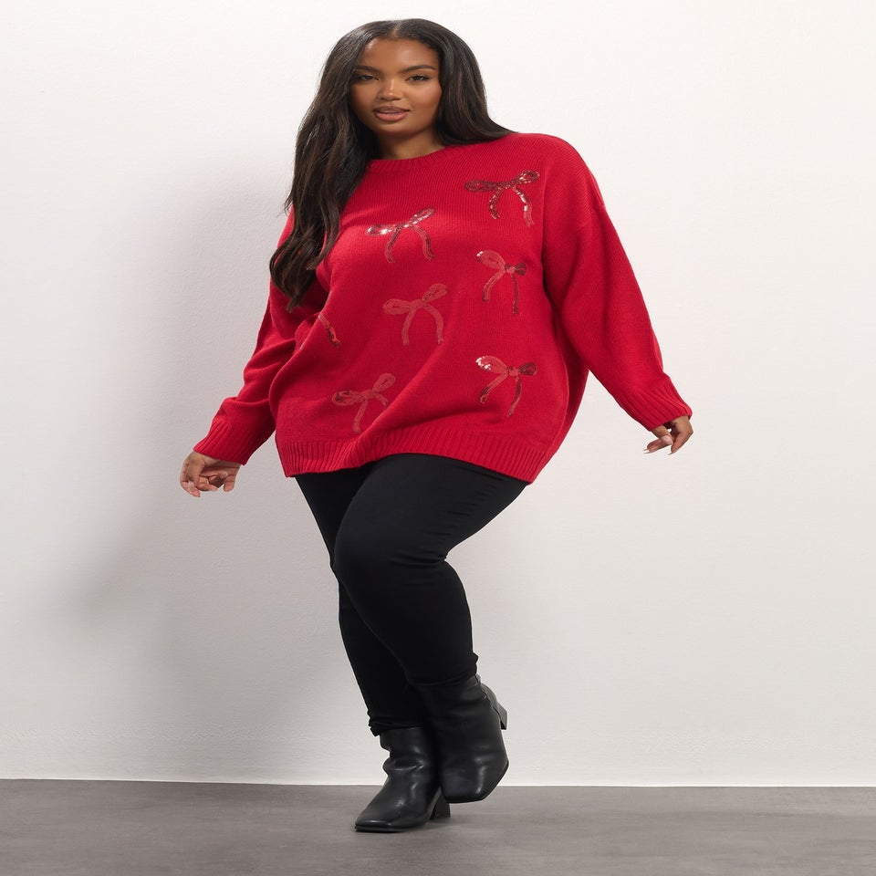 Yours Red Sequin Bow Knitted Jumper
