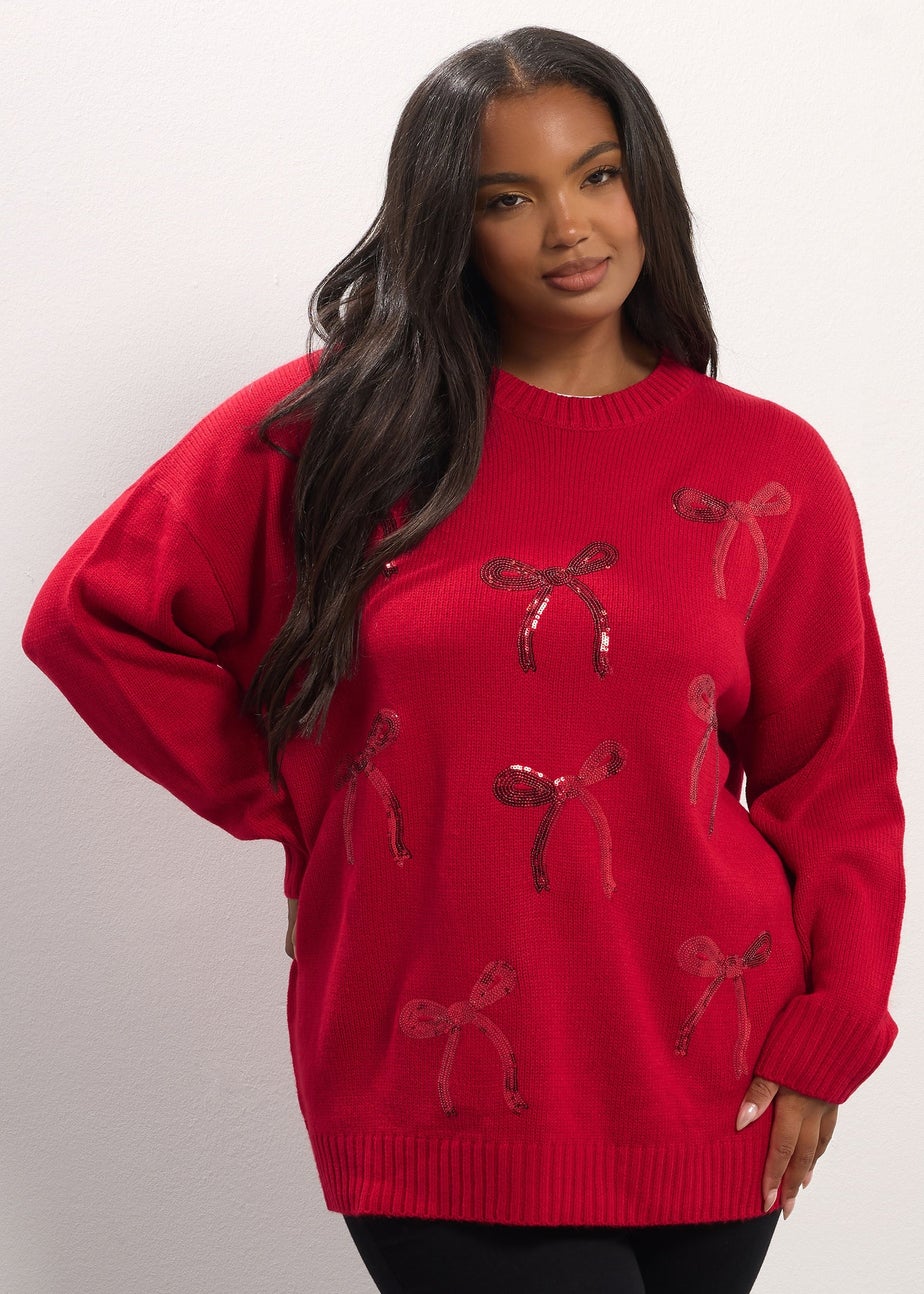 Yours Red Sequin Bow Knitted Jumper