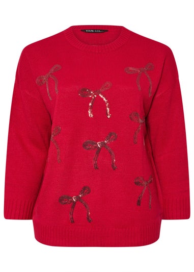 Yours Red Sequin Bow Knitted Jumper