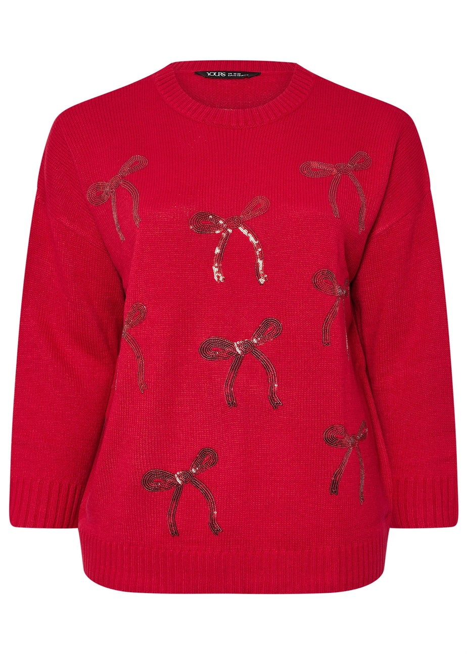 Yours Red Sequin Bow Knitted Jumper