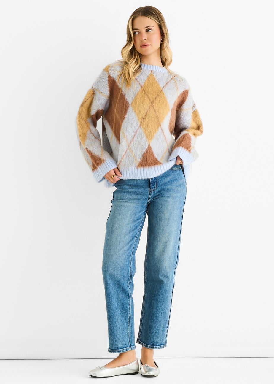 Gini London Blue Argyle Knit Round Neck Jumper