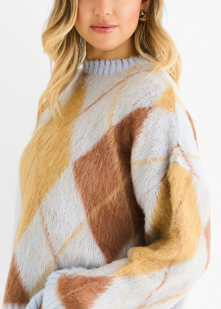 Gini London Blue Argyle Knit Round Neck Jumper