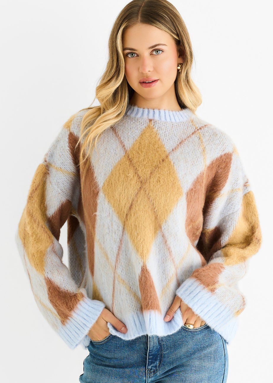 Gini London Blue Argyle Knit Round Neck Jumper