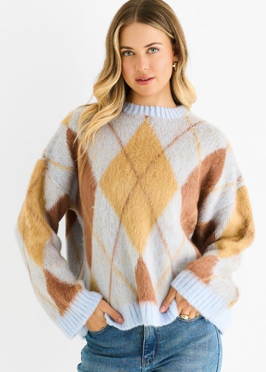 Gini London Blue Argyle Knit Round Neck Jumper
