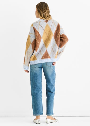 Gini London Blue Argyle Knit Round Neck Jumper