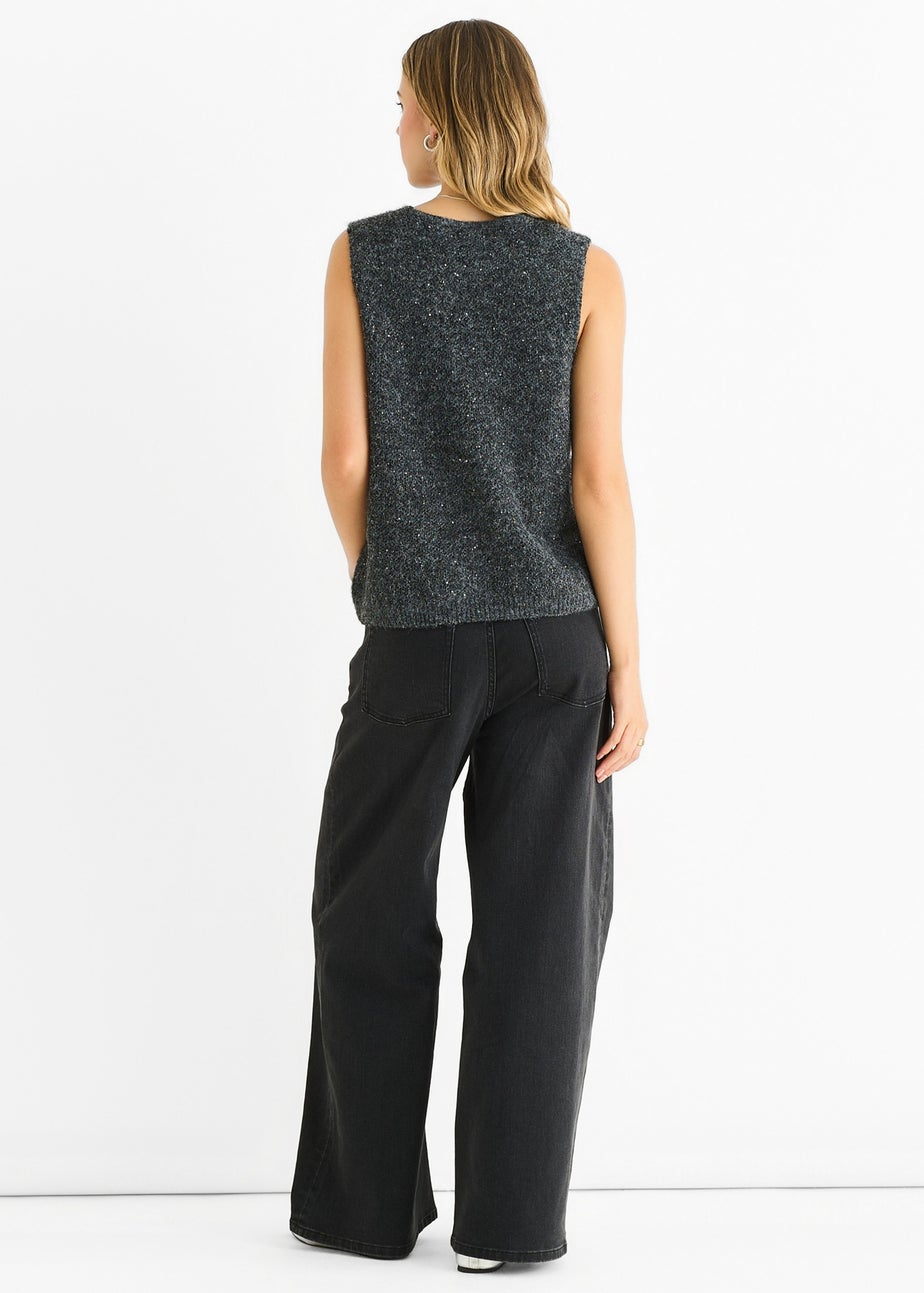 Gini London Grey Sequin Sparkle V Neck Vest Knit Jumper