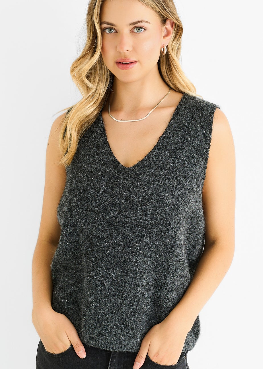 Gini London Grey Sequin Sparkle V Neck Vest Knit Jumper
