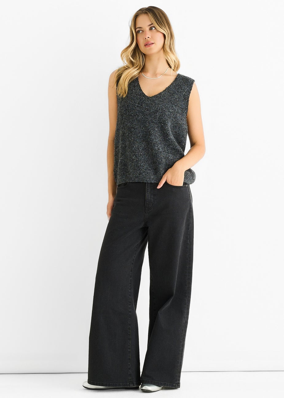 Gini London Grey Sequin Sparkle V Neck Vest Knit Jumper