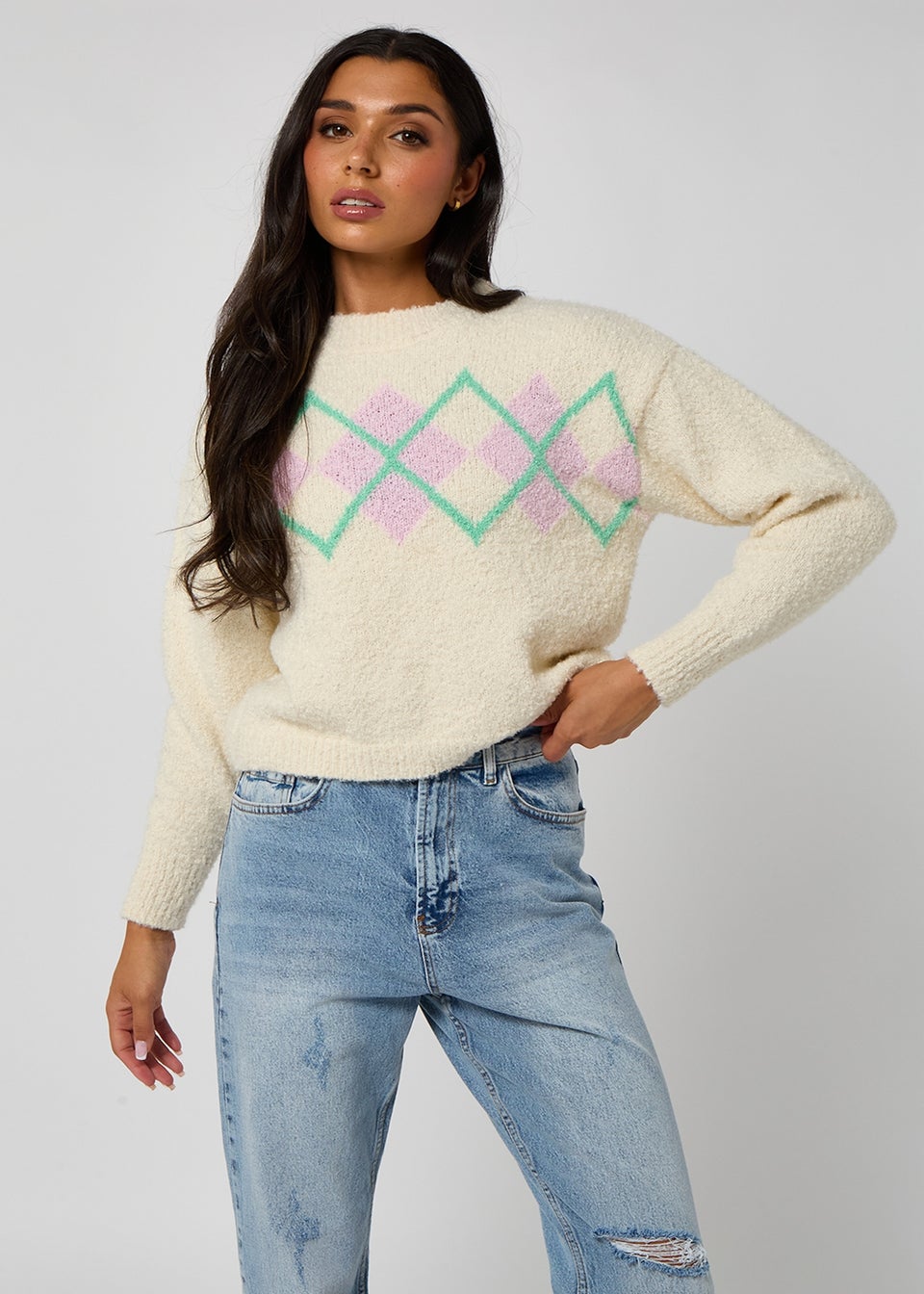 Urban Bliss Cream Boucle Argyle Jumper