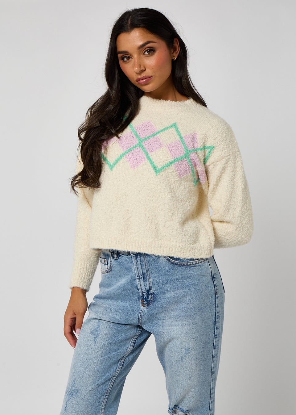 Urban Bliss Cream Boucle Argyle Jumper