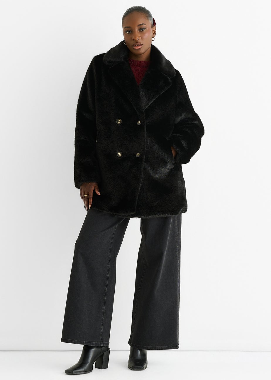 Gini London Black Faux Fur Double Breasted Longline Jacket