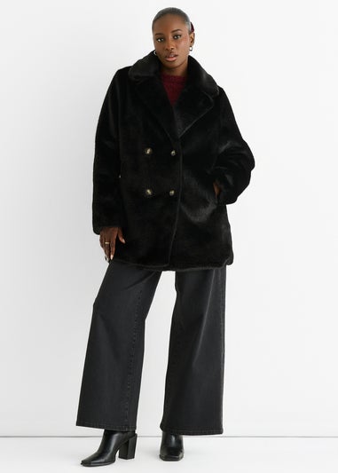 Gini London Black Faux Fur Double Breasted Longline Jacket