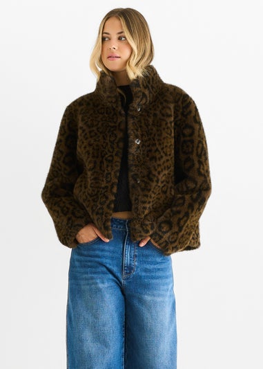 Gini London Brown Funnel Neck Animal Print Faux Fur Jacket