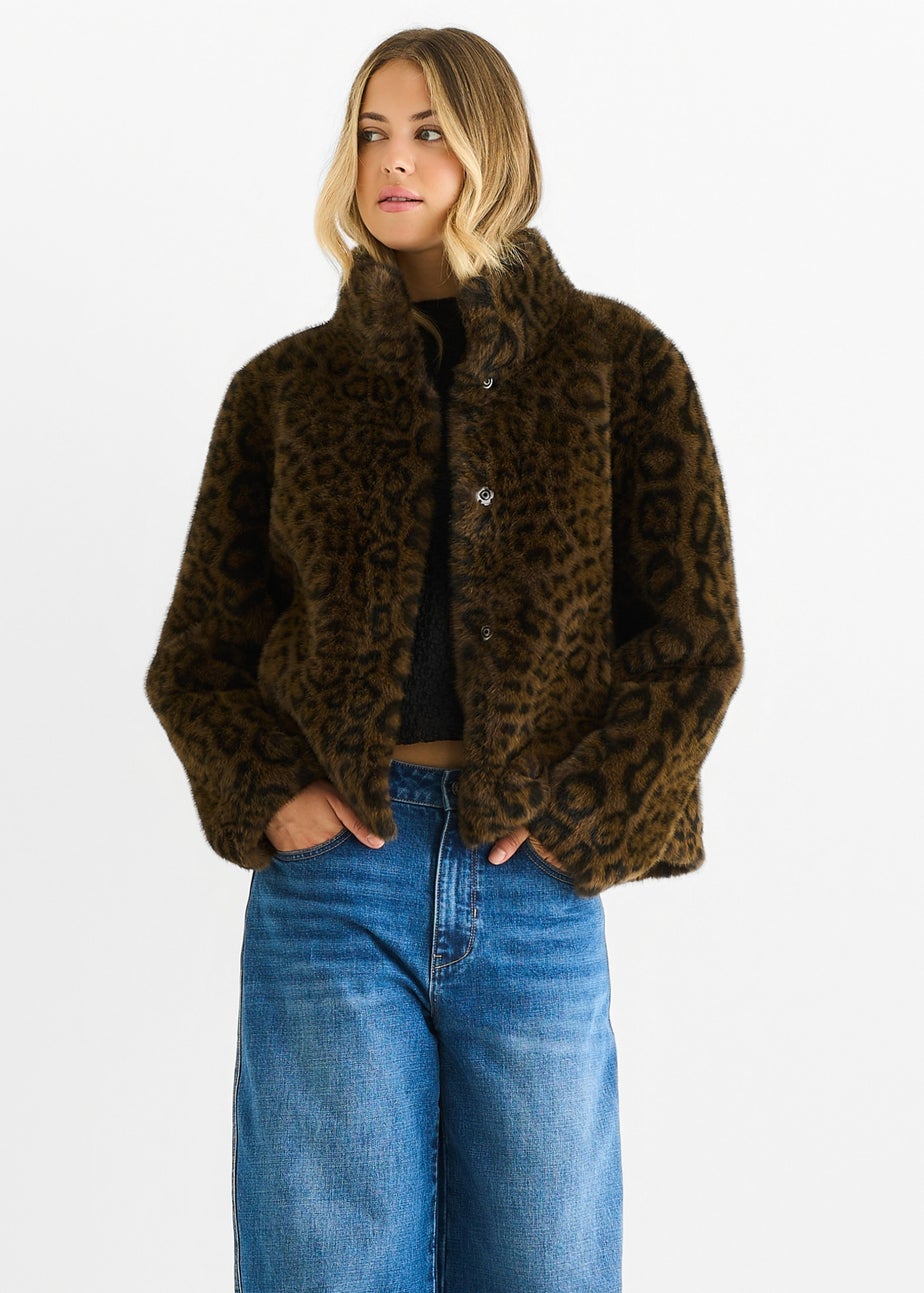 Gini London Brown Funnel Neck Animal Print Faux Fur Jacket