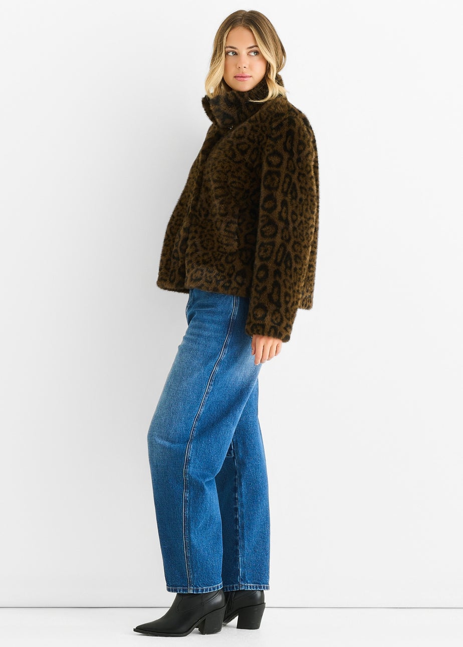 Gini London Brown Funnel Neck Animal Print Faux Fur Jacket