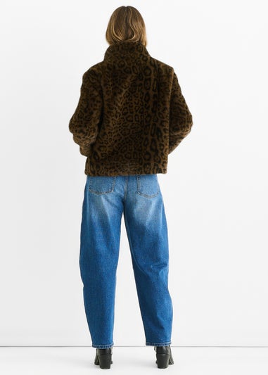 Gini London Brown Funnel Neck Animal Print Faux Fur Jacket