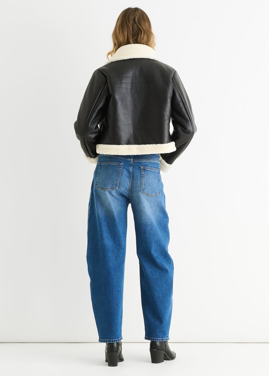 Gini London Black Faux Leather Shearling Fur Aviator Jacket