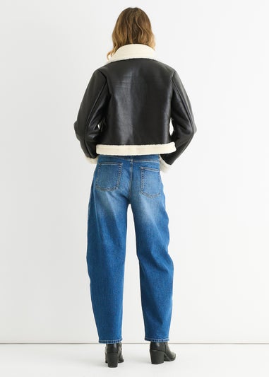 Gini London Black Faux Leather Shearling Fur Aviator Jacket