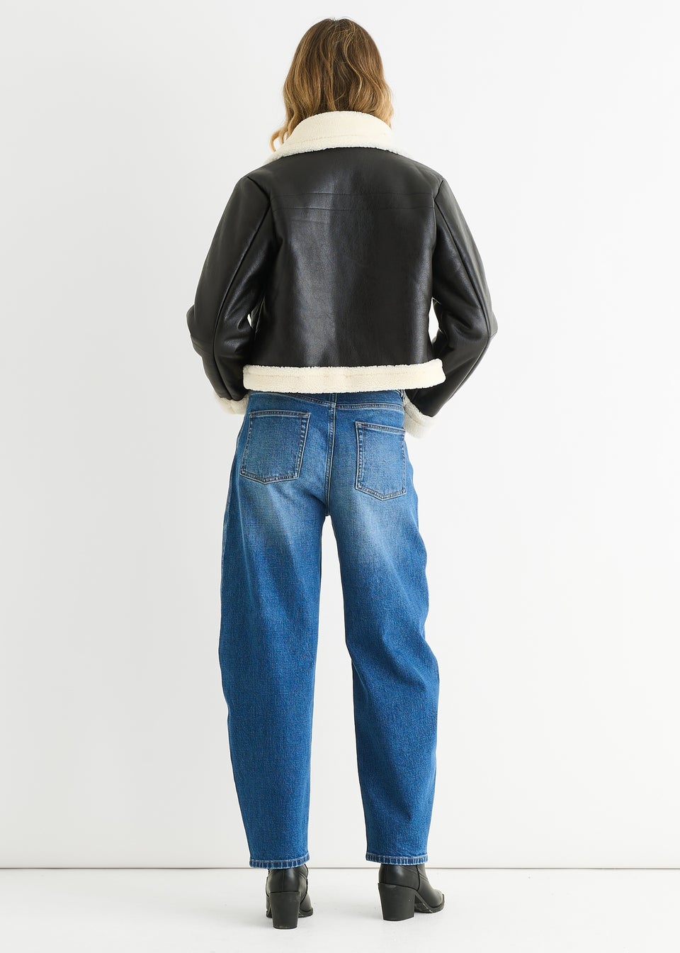 Gini London Black Faux Leather Shearling Fur Aviator Jacket