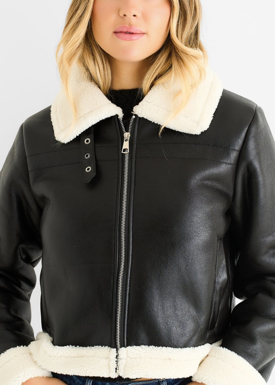 Gini London Black Faux Leather Shearling Fur Aviator Jacket