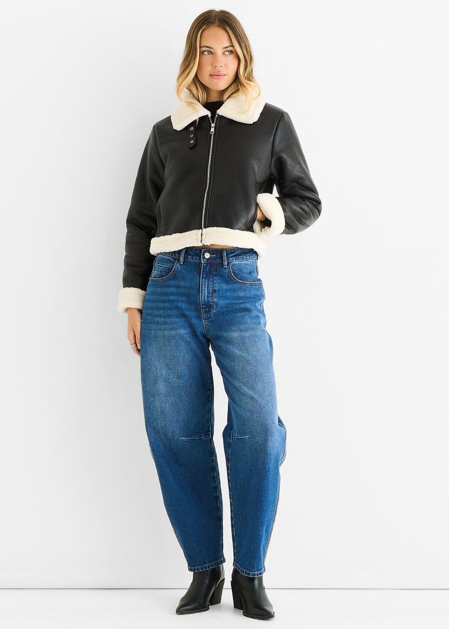 Gini London Black Faux Leather Shearling Fur Aviator Jacket