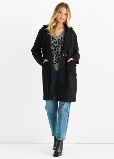 Gini London Black Shearling Mid Length Double Breasted Jacket