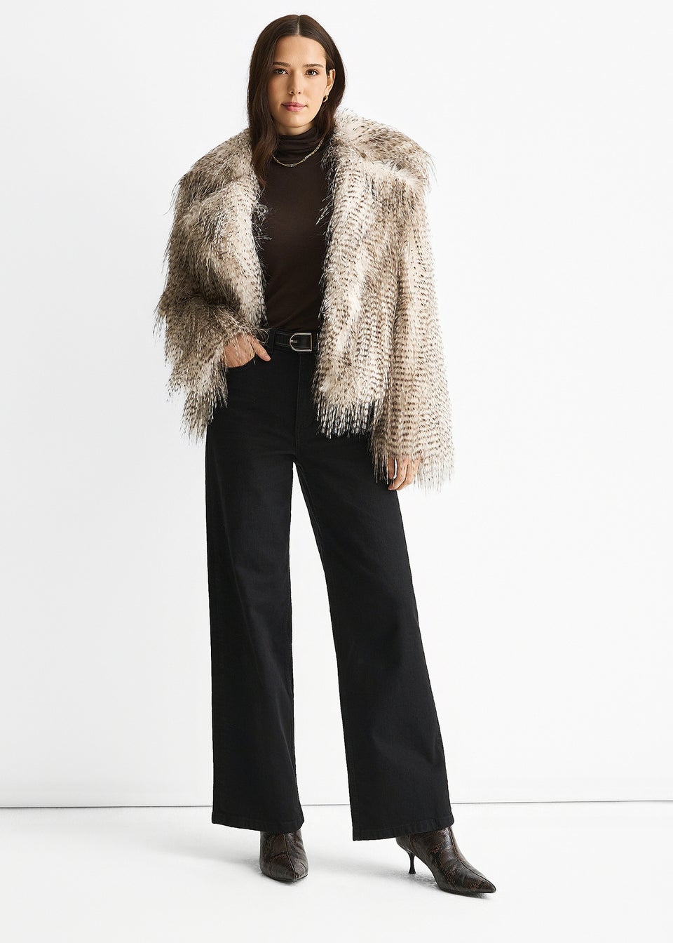 Gini London Brown Snow Leopard Faux Fur Short Jacket