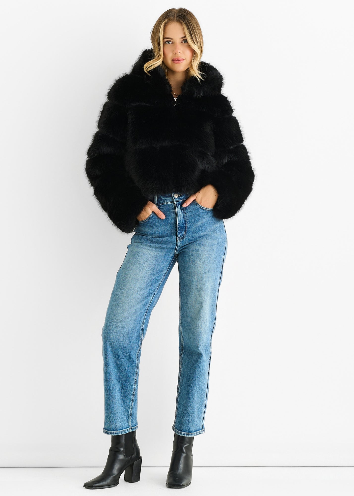 Gini London Black Panel Faux Fur Zip Front Jacket - Matalan